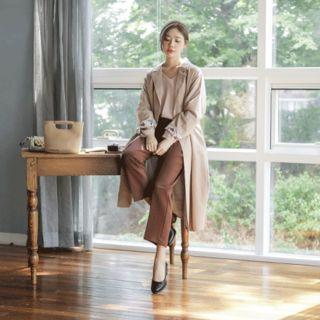 Notched-collar Long Wrap Coat With Sash
