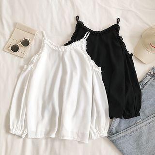 Frilled Trim Cutout Shoulder Plain Chiffon Blouse