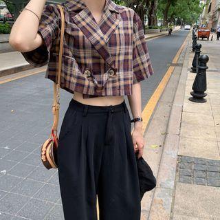 Short-sleeve Plaid Double-breasted Shirt As Shown In Figure - One Size