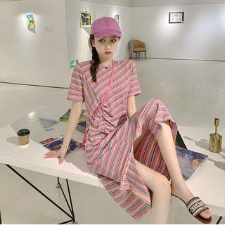 Striped Short-sleeve Dress As Figure - One Size