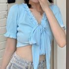 Short-sleeve Ruffle Trim Tie-front Crop Top Blue - One Size