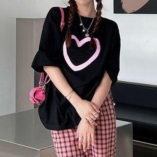 Elbow-sleeve Heart Print T-shirt Heart Print - Black - One Size