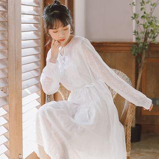 V-neck Lace Trim Long-sleeve Shift Dress