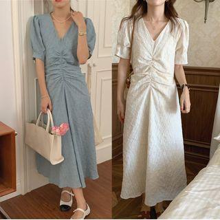 Puff Sleeve V-neck Pattern Ruched-front Midi A-line Dress