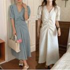 Puff Sleeve V-neck Pattern Ruched-front Midi A-line Dress