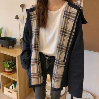 Plaid-lined Hooded Zip Jacket