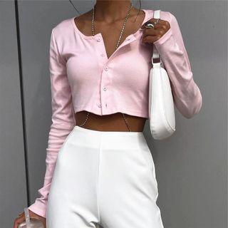 Plain Long-sleeve Button Crop Top