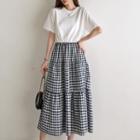 Gingham-panel Long Tiered Dress