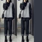 Plain Knit Vest / Long-sleeve Plain Shirt / Wide-leg Jeans / Set