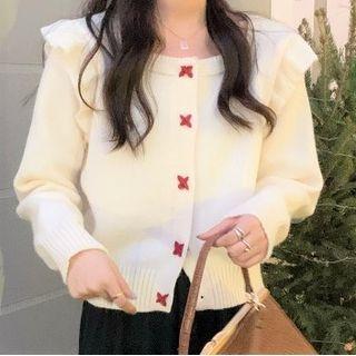 Ruffle Trim Cardigan / Mesh Midi A-line Skirt