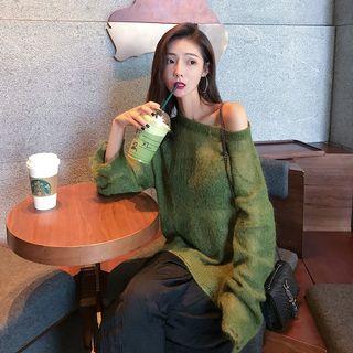 Plain Off-shoulder Long-sleeve Loose-fit Sweater