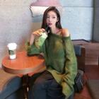 Plain Off-shoulder Long-sleeve Loose-fit Sweater