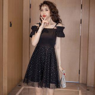 Off-shoulder Short-sleeve Panel Dotted A-line Dress