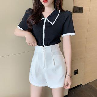 Contrast Trim Collared Short-sleeve Top / High-waist Shorts