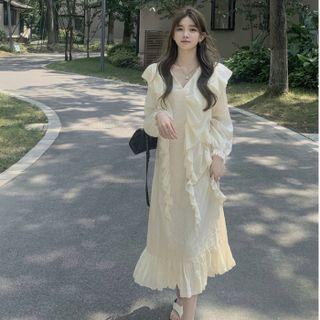 Long-sleeve Ruffle Midi Shift Dress Almond - One Size