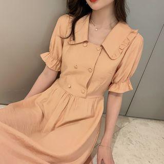 Puff-sleeve Frill Trim Double Breasted A-line Midi Dress
