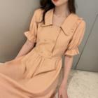 Puff-sleeve Frill Trim Double Breasted A-line Midi Dress