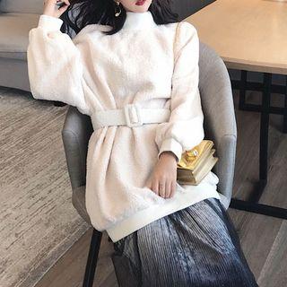 Set: Mock-neck Fleece Long Pullover + Mesh Overlay Midi A-line Skirt