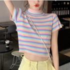 Striped Short-sleeve Cropped Knit Top Stripes - Multicolour - One Size