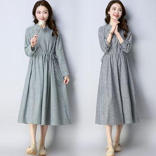 Long-sleeved Tie-waist Loose-fit Cotton Sheath Dress