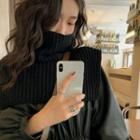 Long-sleeve Faux Leather Midi A-line Dress / Turtleneck Knit Shawl