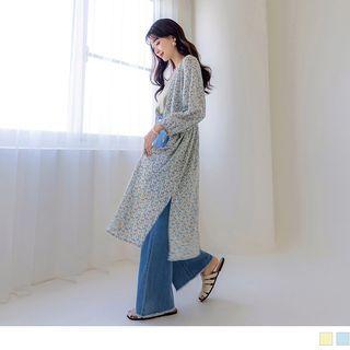 Long Sleeve V-neck Floral Slit-side Chiffon Long Cardigan