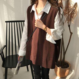 Pocket Detail Shirt / V-neck Knit Vest