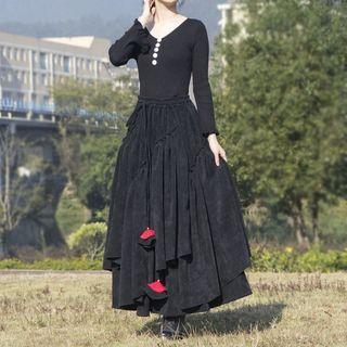 Asymmetric Corduroy Midi A-line Layered Skirt