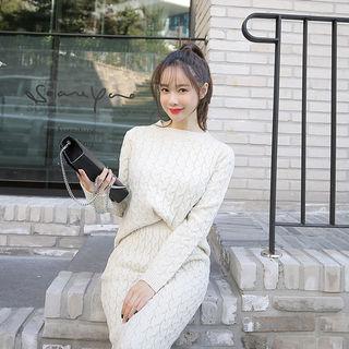 Set: Round-neck Cable-knit Top + Midi Skirt
