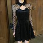 Mesh Panel Cut-out A-line Mini Velvet Dress As Shown In Figure - One Size