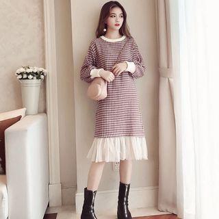 Houndstooth Print Panel Mesh Dress