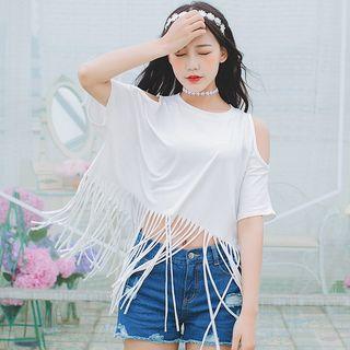 Fringed Cutout Shoulder Short-sleeve T-shirt