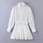 Puff-sleeve Dotted Buckled A-line Dress