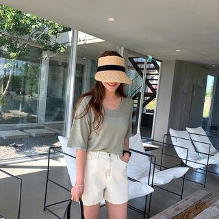 Scoop-neck Linen Blend T-shirt Light Khaki - One Size