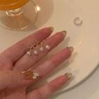 Bow Stud Earring 1 Pair - Clip On Earring - Silver Pin - White & Gold - One Size