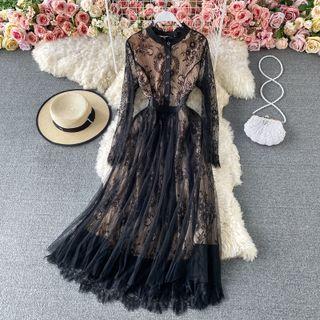 Semi Turtleneck Lace Skinny Cut Out Dress