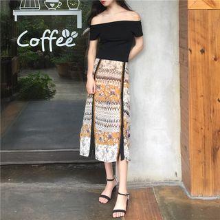 Set: Plain Off-shoulder Slim-fit Top + Pattern Skirt As Figure - One Size