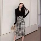 Long-sleeve V-neck Blouse / Plaid Midi A-line Skirt