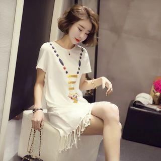 Short-sleeve Print Tasseled Dress