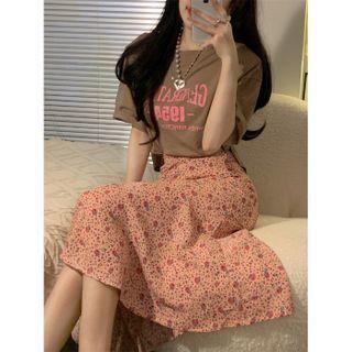 Short-sleeve Lettering T-shirt / Floral Print Drawstring Midi Pencil Skirt