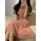 Short-sleeve Lettering T-shirt / Floral Print Drawstring Midi Pencil Skirt