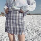 Slit Plaid High-waist A-line Skirt