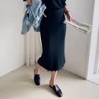 Lace-hem Rib-knit Midi Skirt Black - One Size
