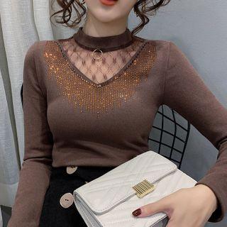 Long-sleeve Embellished Mesh Panel Mock-neck Top