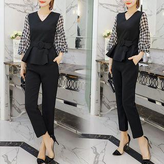 Set: Plaid Puff-sleeve V-neck Blouse + Cropped Dress Pants