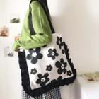 Frill Trim Floral Canvas Tote Bag Black - One Size
