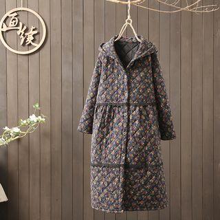 Hooded Floral Print Buttoned Long Jacket