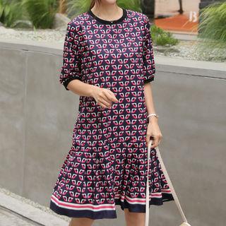 Ruffle-hem Pattern Dress Navy Blue - One Size