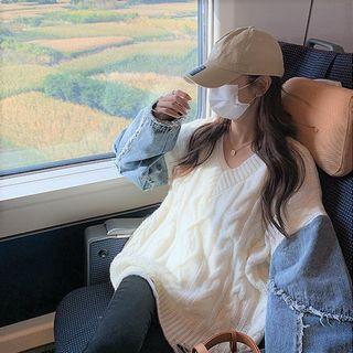 V-neck Denim Panel Cable-knit Loose-fit Sweater