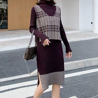 Set: Plaid Knit Vest + Turtleneck Rib Knit Dress